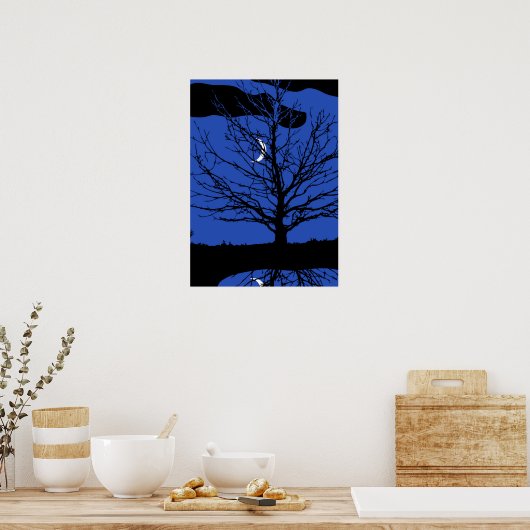 Poster Lune avec arbre, Bleu Cobalt, Noir et Blanc (Cuisine)