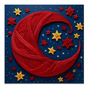Poster Lune Croissant En Fil Rouge Avec Petites Étoiles E