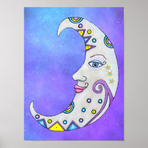 Poster Lune croissante avec joli décor violet visage