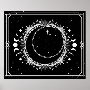 Poster Lune croissante et Soleil avec Étoiles Noir et Bla