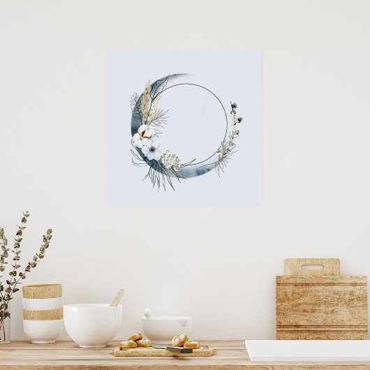 Poster Lune de croissant bleu avec fleurs blanches (Cuisine)