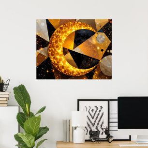 Poster Lune de croissant d'or avec étoiles géométriques c