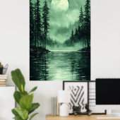 Poster Lune de forêt mystique en vert monochrome (Bureau à domicile)
