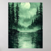Poster Lune de forêt mystique en vert monochrome (Devant)