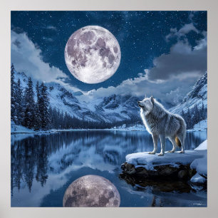 Poster 🌕 Lune de loup hurlant mystique ciel nocturne for