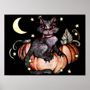 Poster Lune de patchs Citrouille de chat noir