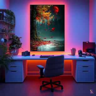 Poster Lune de sang au-dessus du lac d'automne - Chute my