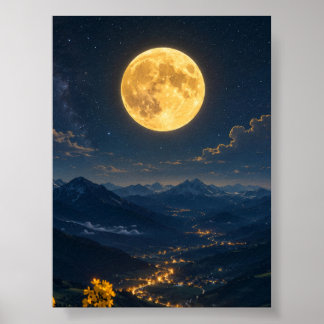 Poster Lune dorée sur paysage nocturne de la vallée de mo