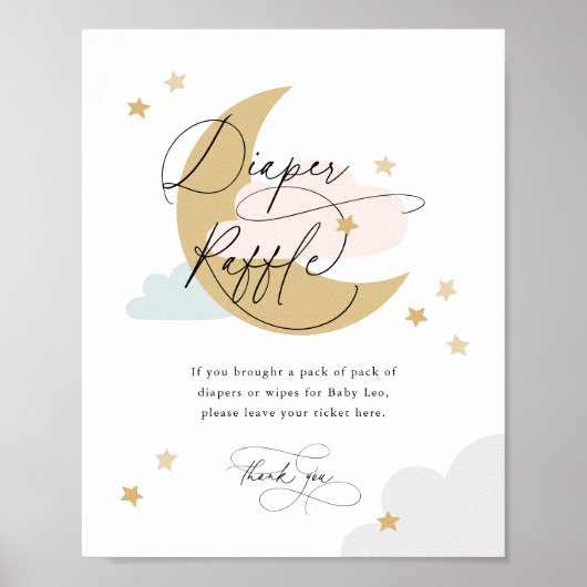 Poster Lune et Étoiles Barreau Signe rouge bleu rose or (Devant)