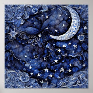 Poster Lune et étoiles Ciel nocturne bleu profond