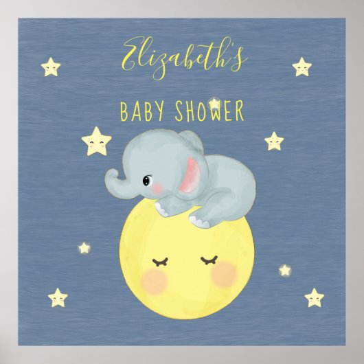 Poster Lune et étoiles Eléphant adorable Baby Boy Douche (Devant)