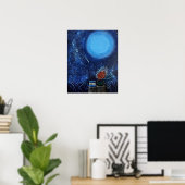 Poster Lune et étoiles Peinture Marine Bleu Lecture Art (Bureau à domicile)