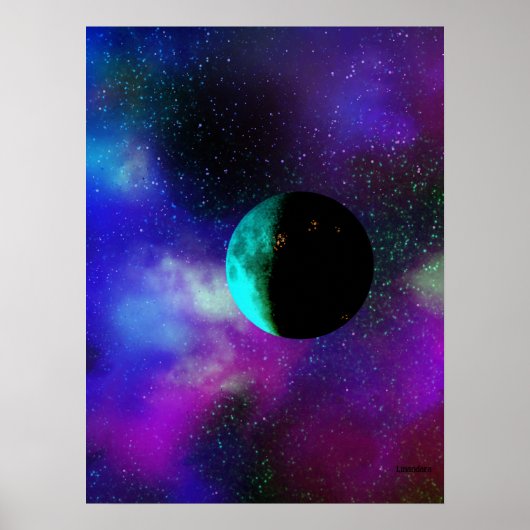 Poster Lune habitée parmi les nébuleuses pourpres vertes (Devant)