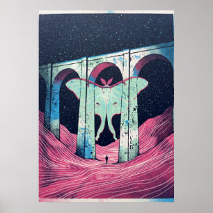 Poster Lune Papillon de Nuit Aqueduc Vagues Roses Art Sur