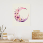Poster Lune rose Croissant avec de jolies fleurs (Cuisine)