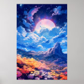 Poster Lune rose nuit ciel paysage floral | Ai (Devant)