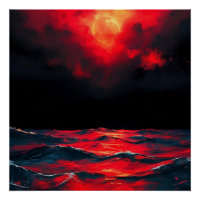 Lune rouge au-dessus de l'océan foncé Imaginaire s