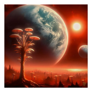 Poster Lune rouge d'une planète bleue