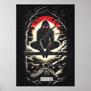 Poster Lune Rouge Shinobi, Ninja, Tatouage d'Anime Japona