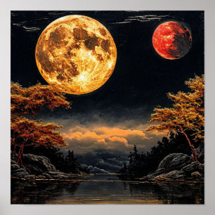 Poster Lune rouge sur un lac Décor céleste dramatique