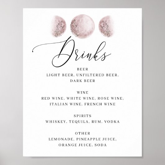 Poster Lune rousse. Céleste Bar Mariage Boissons Menu Sig (Devant)