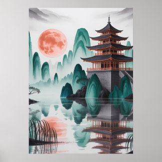 Poster Lune silencieuse au-dessus de la pagode de Jade.