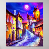 Poster Lune sur l'affiche de peinture du château (Devant)