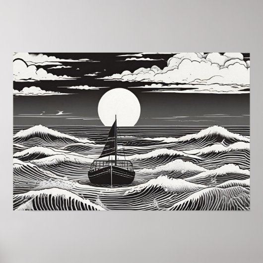 Poster Lune Voyage Serenade Nautique Noir et Blanc (Devant)