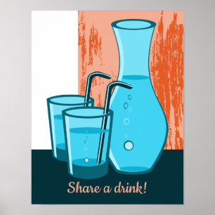 Poster Lunettes bleues, pailles et carafe partagent un ve