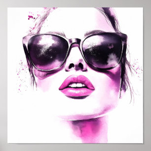 Poster Lunettes de soleil femme mode aquarelle rose chic