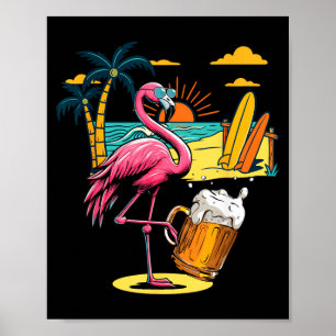 Poster Lunettes de soleil flamant rose buvant de la bière