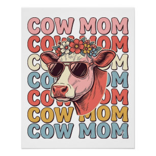 Poster Lunettes de soleil rétro Cow Mom gravure vintage D