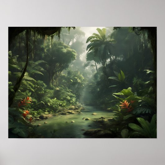 Poster Lush Green Tropical Rainforest Jungle River (Devant)