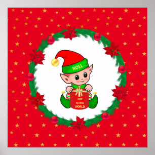 Poster Lutin de Noël, couronne de pin, poinsettias et éto