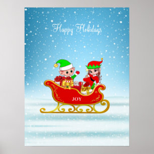 Poster Lutins de Noël sur un traîneau avec des cadeaux