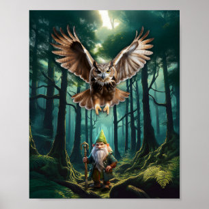 Poster Lutins des forêts avec leur chouette hulotte garde
