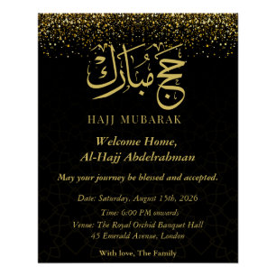 Poster Luxueux Hajj Mubarak en calligraphie arabe dorée 