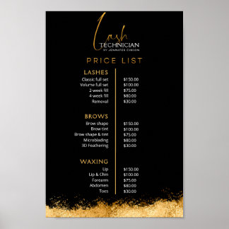 Poster Luxury Black and Gold Lash Tech Price List 