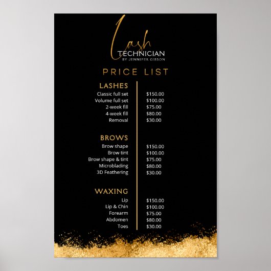 Poster Luxury Black and Gold Lash Tech Price List  (Devant)