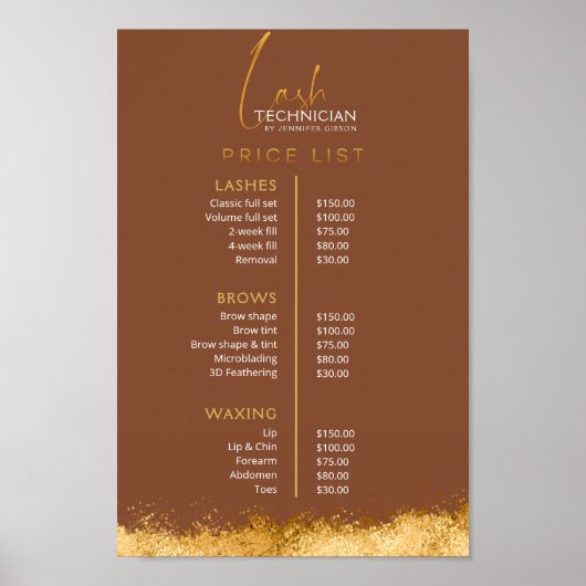 Poster Luxury Gold & Brown Lash Tech Price List  (Devant)