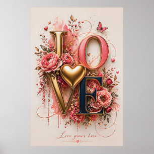 Poster Luxury Gold LOVE Dessin Floral