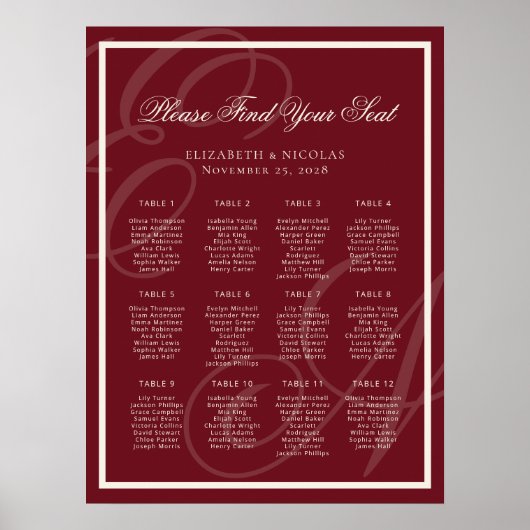 Poster Luxury Monogram Deep Red Wedding Seating Chart (Devant)