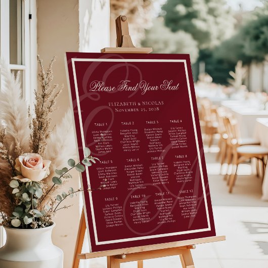 Poster Luxury Monogram Deep Red Wedding Seating Chart