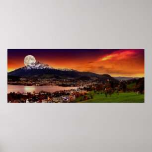 Poster Luzerne Suisse et la lune au-dessus du bâti