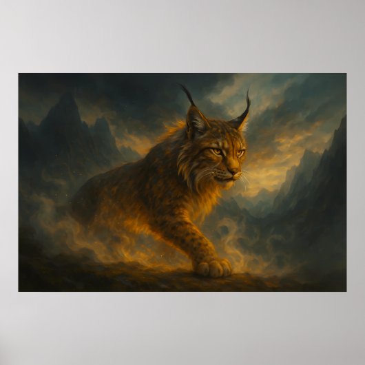 Poster Lynx doré mystique dans le brouillard du coucher d (Devant)