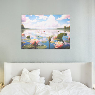 Poster Lys d'eau avec nuages roses Reflétant sur le lac  