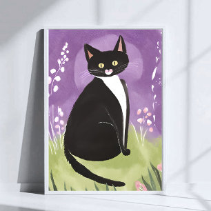 Poster M. Chonk Chat Tuxedo Aquarelle Violette
