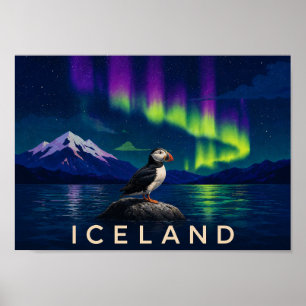 Poster Macareux Atlantique Aurore Boréale Islande Impress