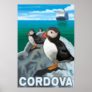 Poster Macareux et bateau de croisière - Cordova, Alaska