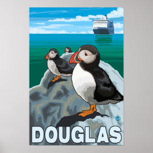 Poster Macareux et bateau de croisière - Douglas, Alaska